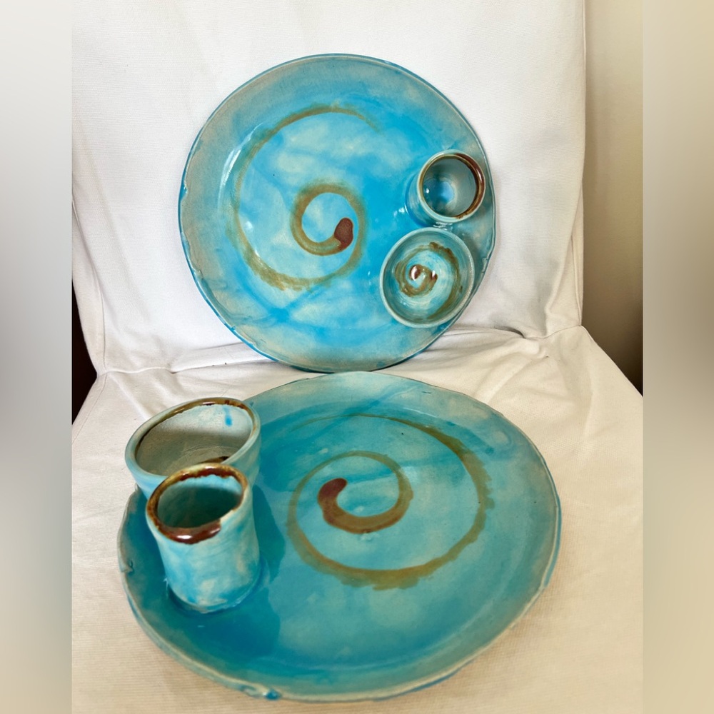 Artisian Pottery Signed Andrew Chip Dip serving Platter Plates Sold as Set of 2